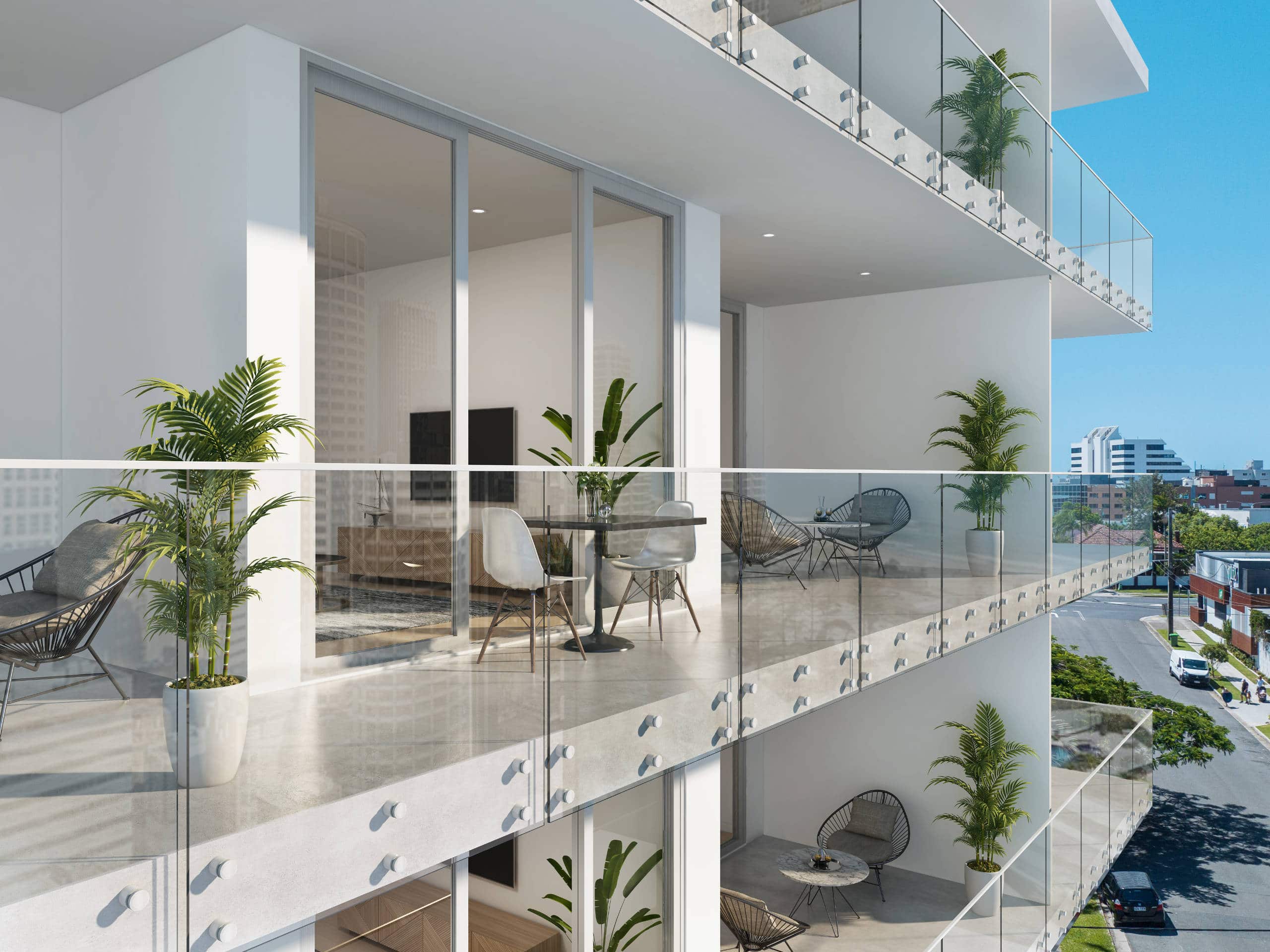 standoff pin glass railing on commercial balcony